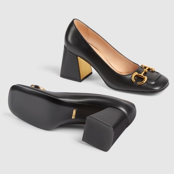 Gucci Shoes Mid-Heel Horsebit Pumps Block Heel Black Leather 38 - Picture 7 of 9
